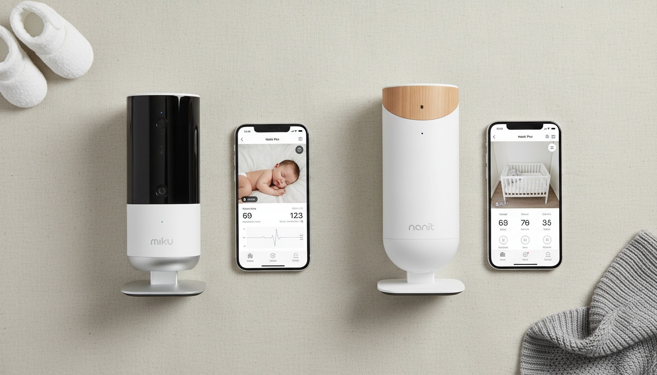 Two baby monitors displayed with their respective smartphone apps showing sound detection interfaces on a clean, neutral background.