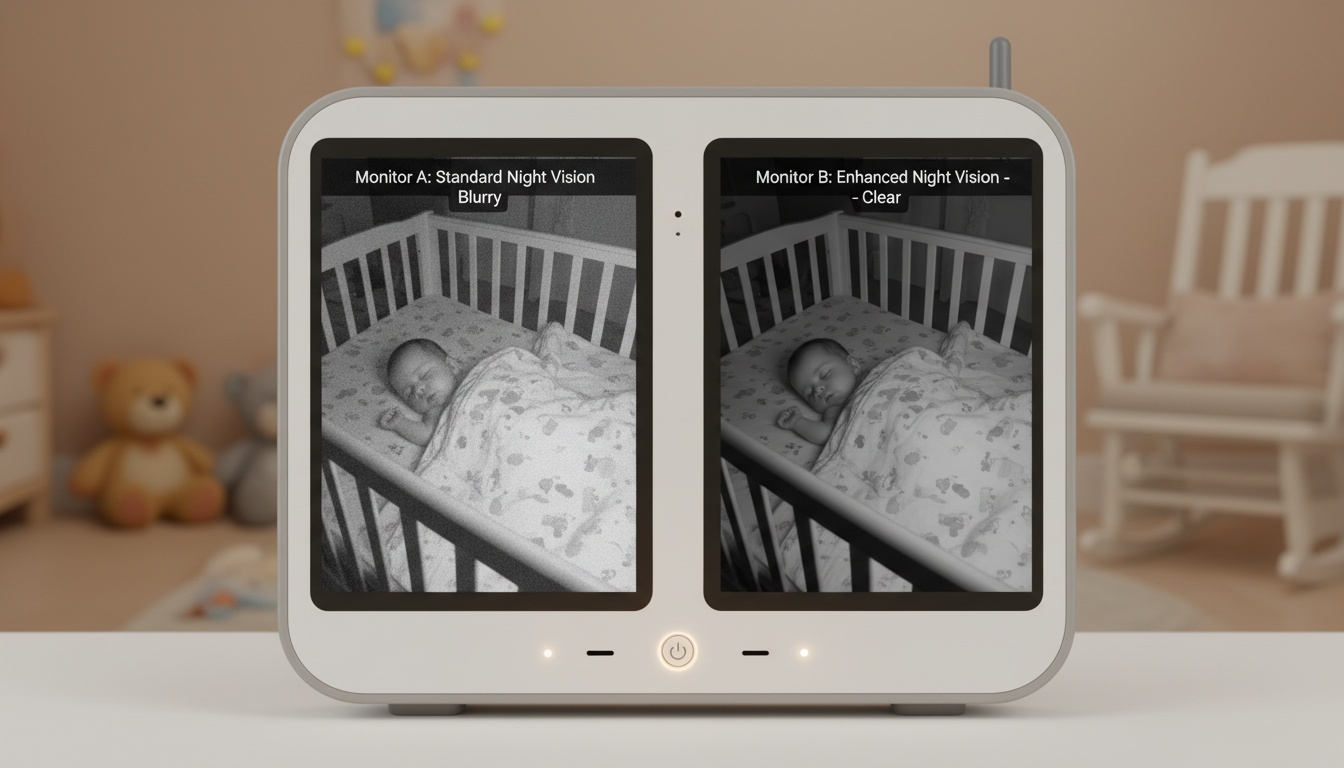 Side-by-side night vision comparison of two baby monitors displaying a crib in dim lighting conditions, showing image clarity differences.