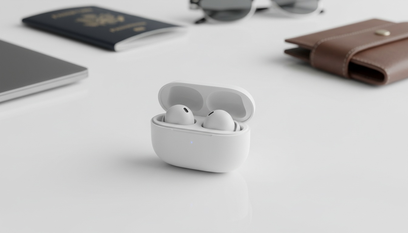 Witte MINISO MS190 draadloze oortjes weergegeven met hun oplaadcase tegen een strakke witte achtergrond in professionele studioverlichting.