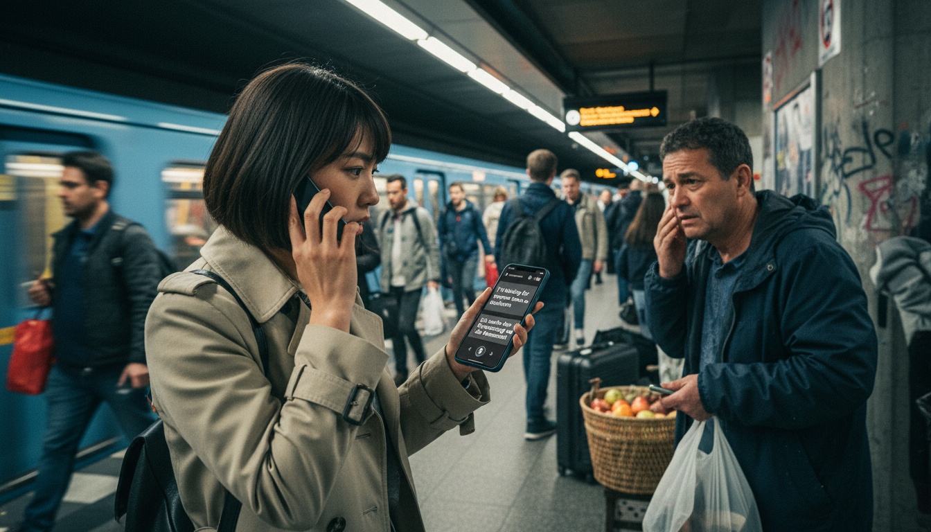 Persoon die smartphone vasthoudt op een druk metrostation met treinen en passagiers, wat het gebruik van een vertaalapp in een lawaaierige stedelijke omgeving illustreert