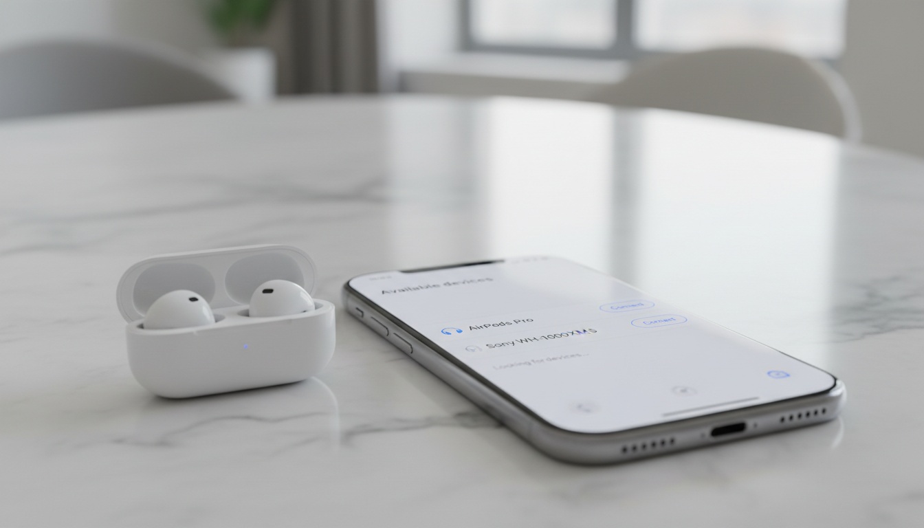 Smartphone-Bildschirm zeigt Bluetooth-Kopplungseinrichtung mit weißen kabellosen Kopfhörern neben dem Telefon auf neutralem Hintergrund