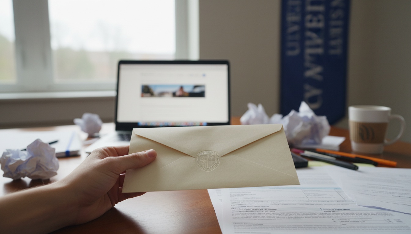 Student's hand holding an acceptance letter envelope at a desk surrounded by college application materials and a laptop, natural lighting