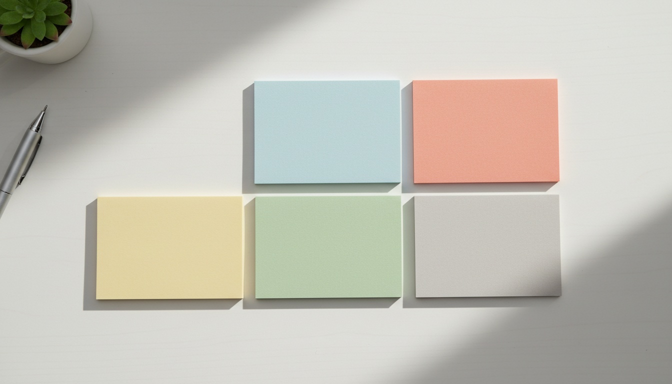 Five blank colored cards arranged on a desk surface, representing MIT's five evaluation dimensions for admissions review.