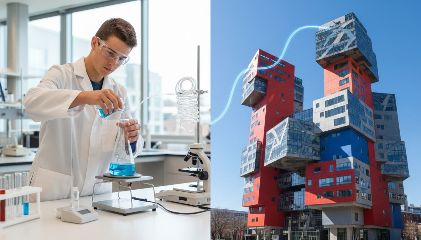 Split image showing a high school student working in a laboratory on the left and MIT's Stata Center building on the right, symbolizing the STEM pathway to admission.