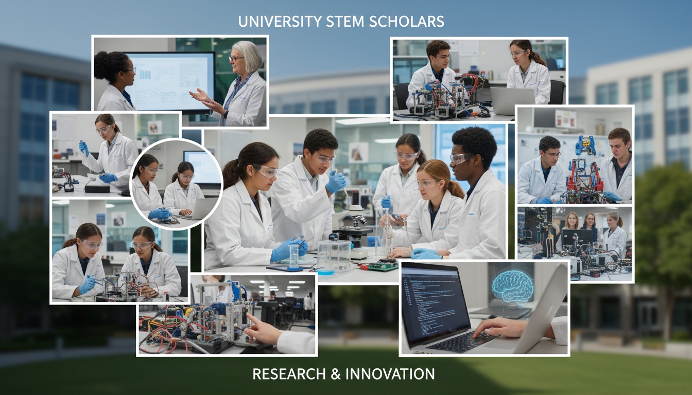 Diverse students collaborating on STEM research and coursework in university laboratory and classroom settings, representing pre-college academic programs.