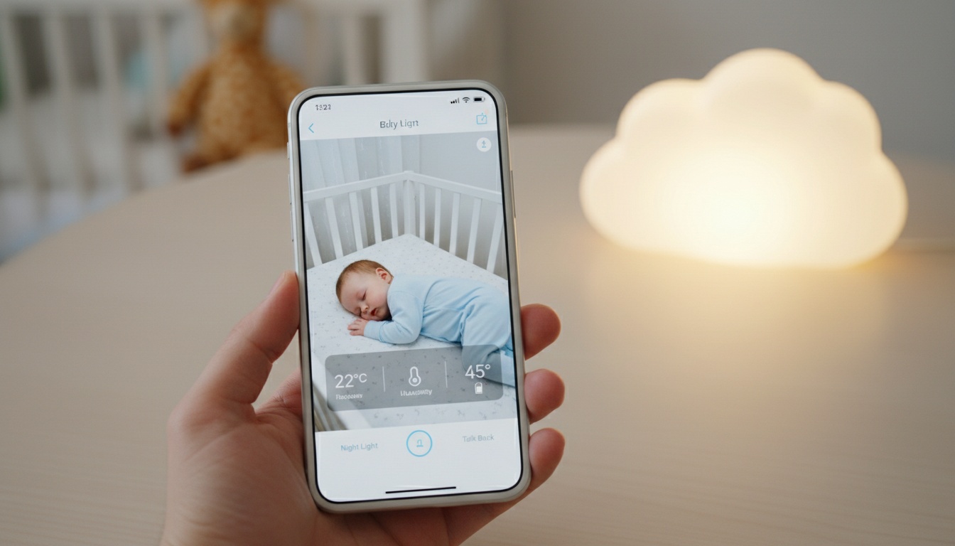 Smartphone screen showing baby monitor app with live video feed of sleeping infant, professional product photography style with soft lighting.