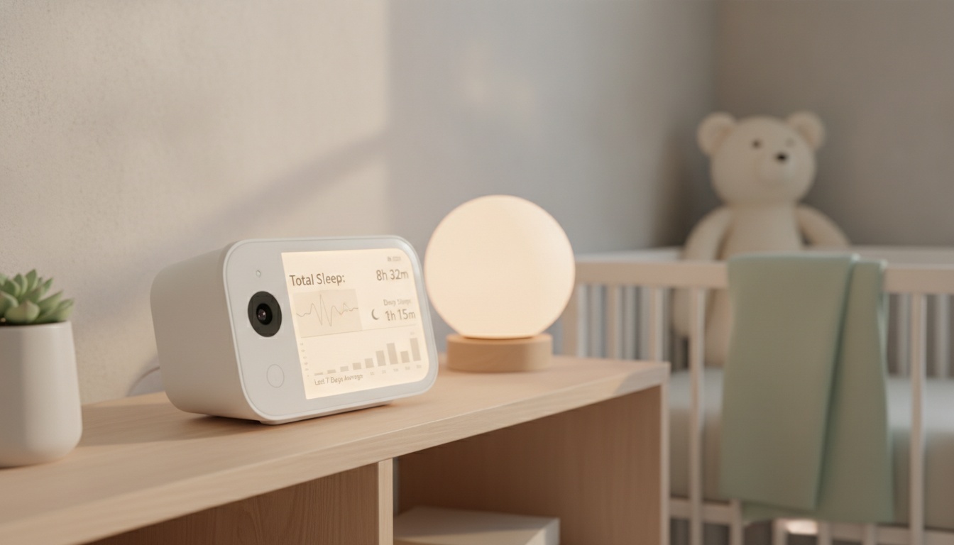 Modern baby monitor showing sleep tracking analytics on display screen in a contemporary nursery setting with warm lighting
