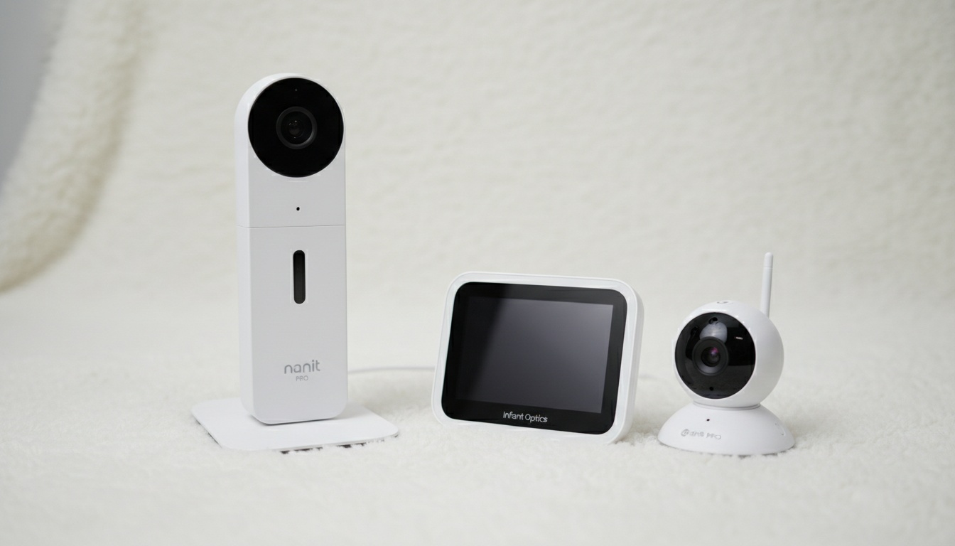 Two baby monitors displayed side-by-side on a white background, representing a product comparison between Nanit PRO and Infant Optics DXR-8 PRO models.