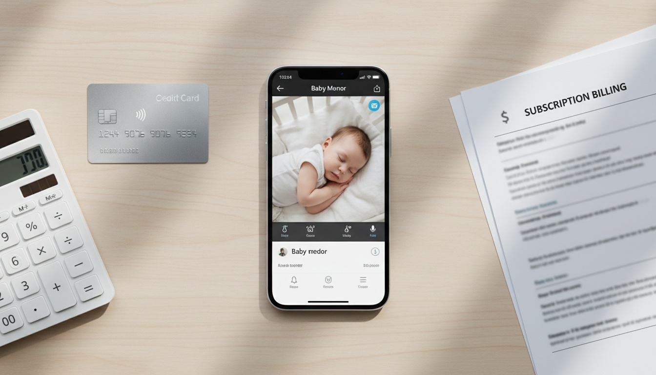 Smartphone showing baby monitor app with financial planning items including calculator and billing documents arranged on a desk surface.