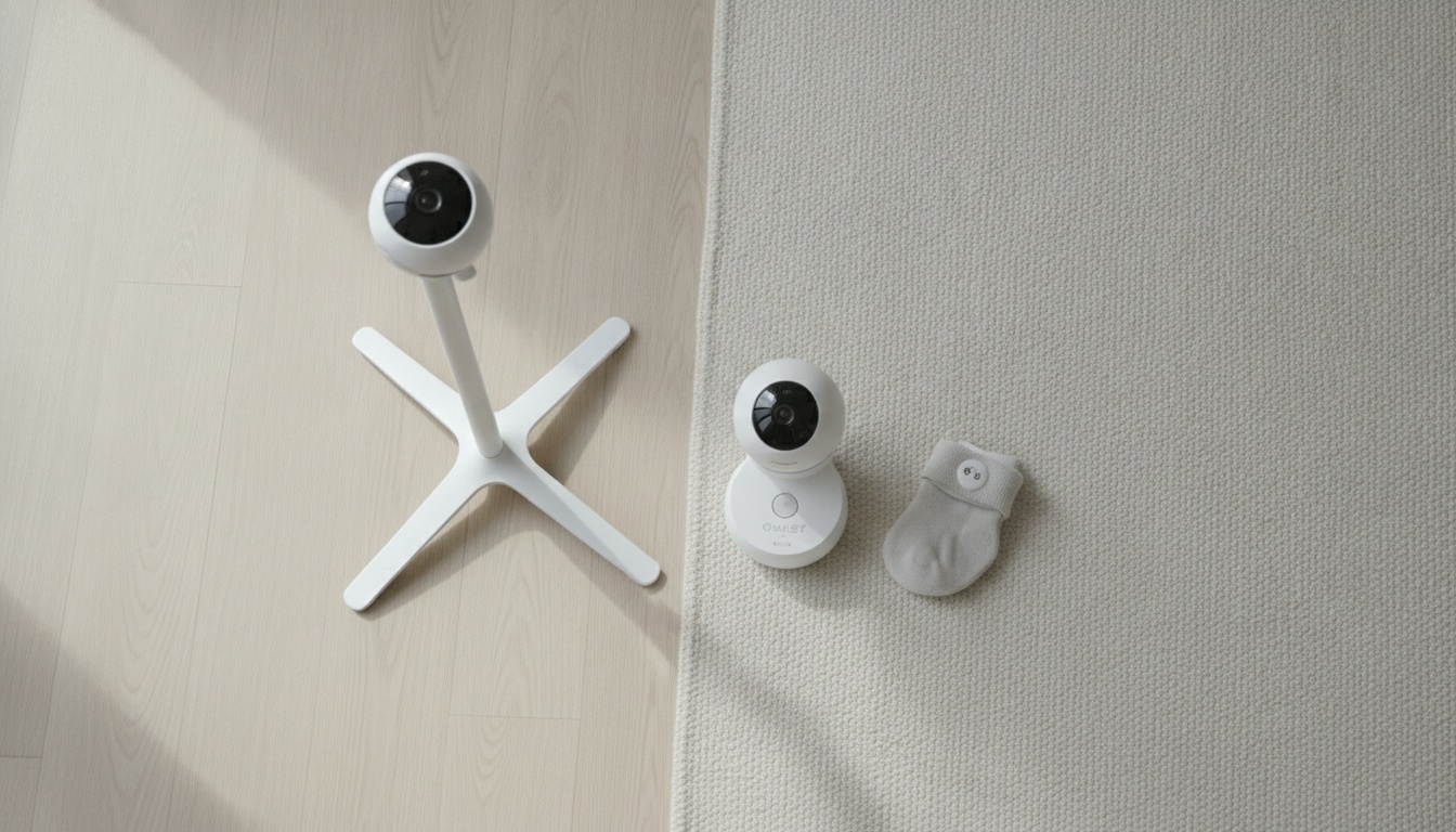 Side-by-side comparison of two baby monitors: Nanit Pro Camera with stand and Owlet Dream Duo with wearable sock sensor on neutral nursery surface.