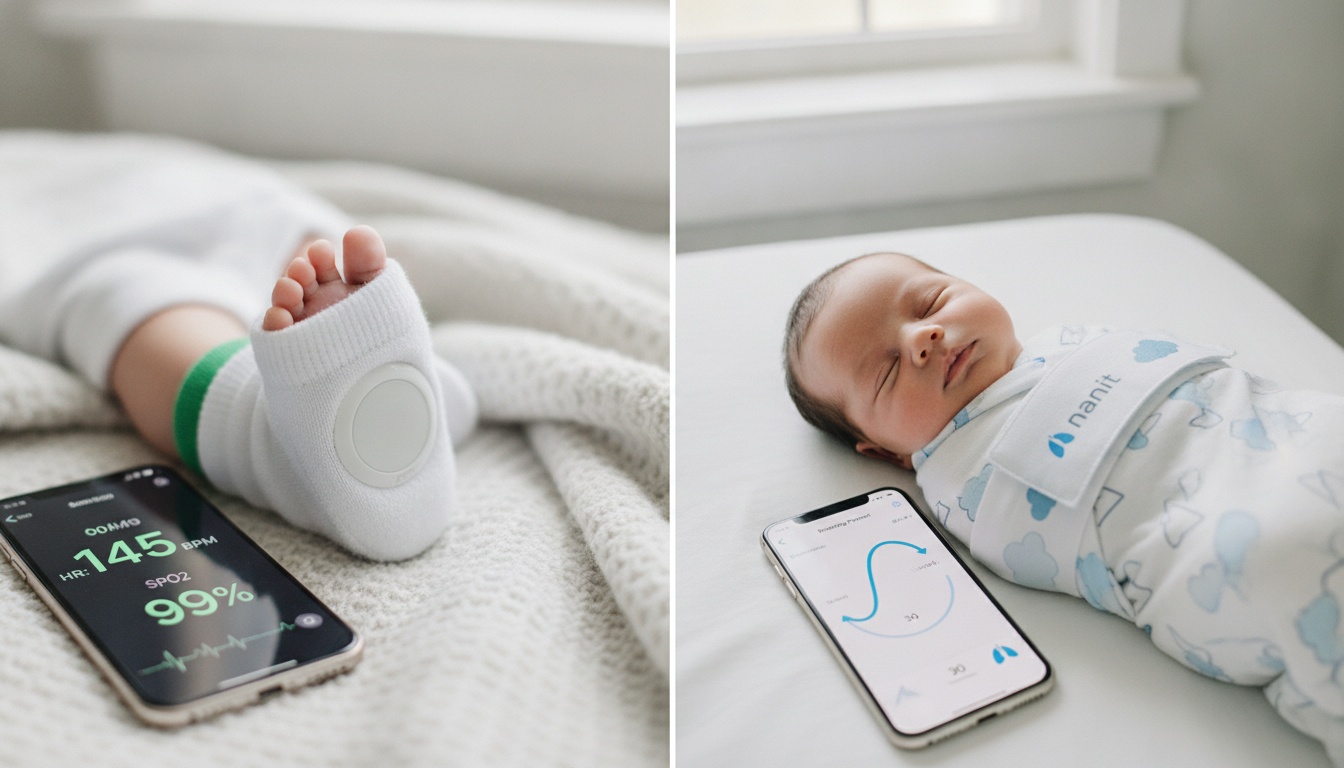 Split-screen clinical comparison of Owlet Smart Sock on infant foot with app data display and Nanit breathing band on swaddled baby with app interface.