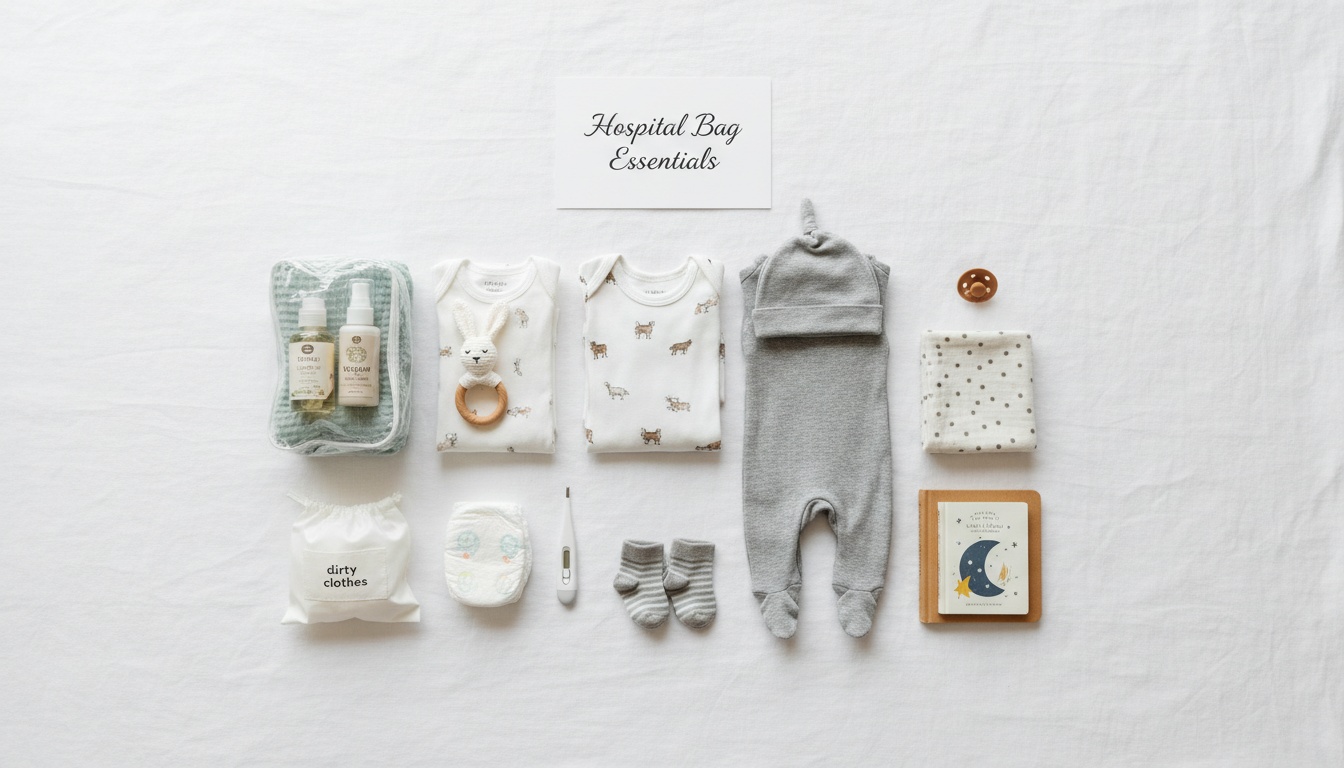 Organized hospital bag items laid out flat on white surface showing neatly arranged newborn essentials and parent comfort items for hospital stay