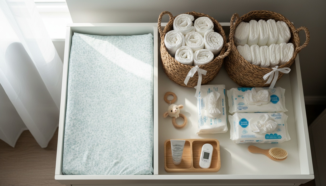 Organized changing station displaying essential newborn care supplies including diapers, wipes, cream, and thermometer arranged neatly on a table.