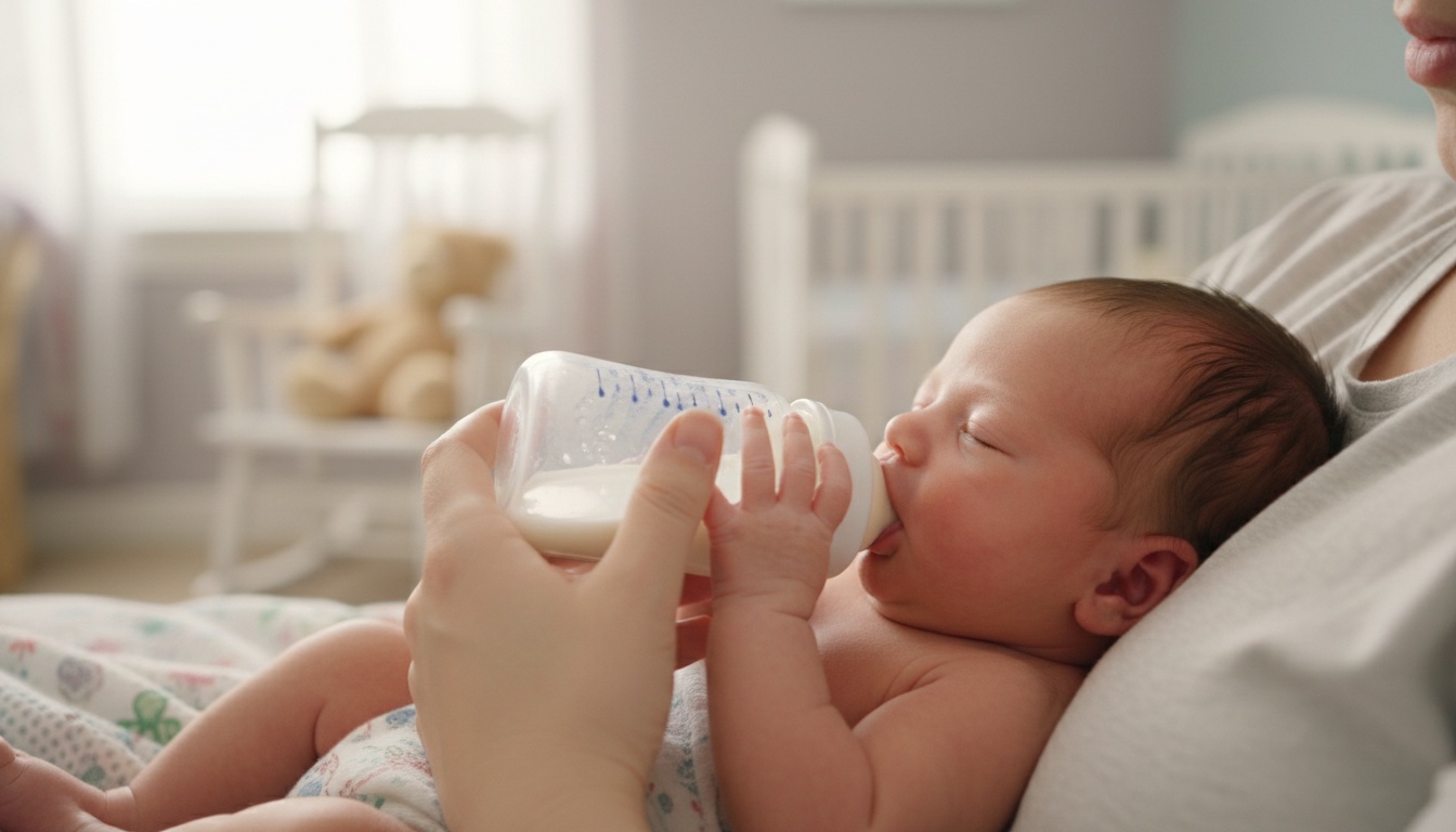 Close-up of a newborn baby drinking from a bottle held by a parent's hands in a softly lit nursery environment.