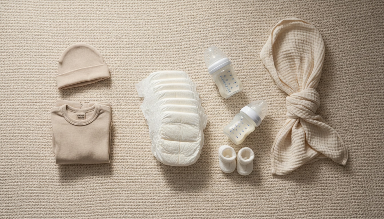 Flat lay of essential newborn supplies including diapers, bottles, and basic clothing arranged on neutral bedding in soft natural light.