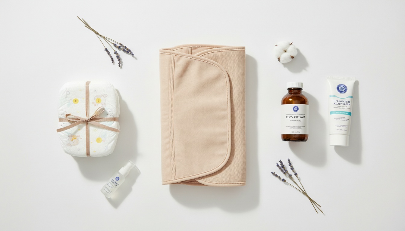 Flat lay arrangement of postpartum recovery items including support garment, medical products, and newborn diapers on a clean white surface.