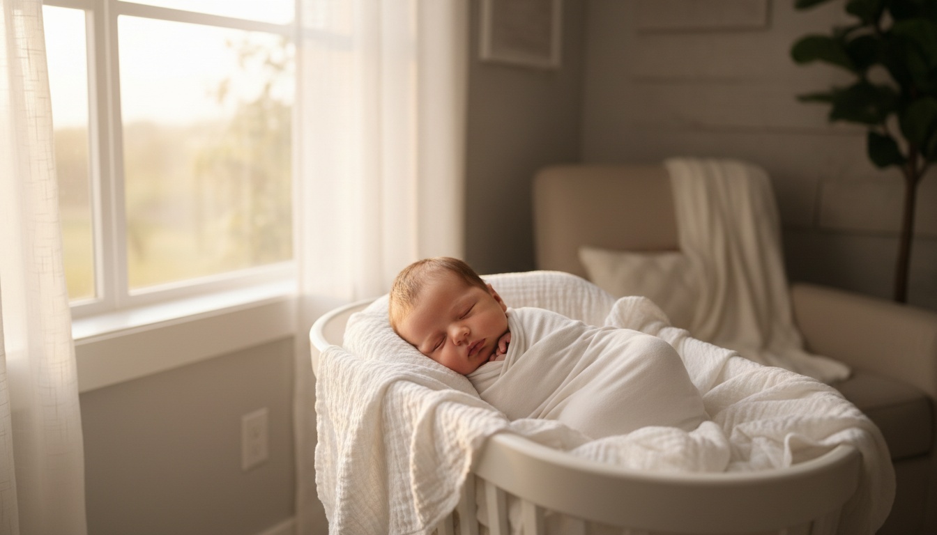 A sleeping newborn baby nestled in a white bassinet in soft morning window light, illustrating a restful newborn sleep routine.
