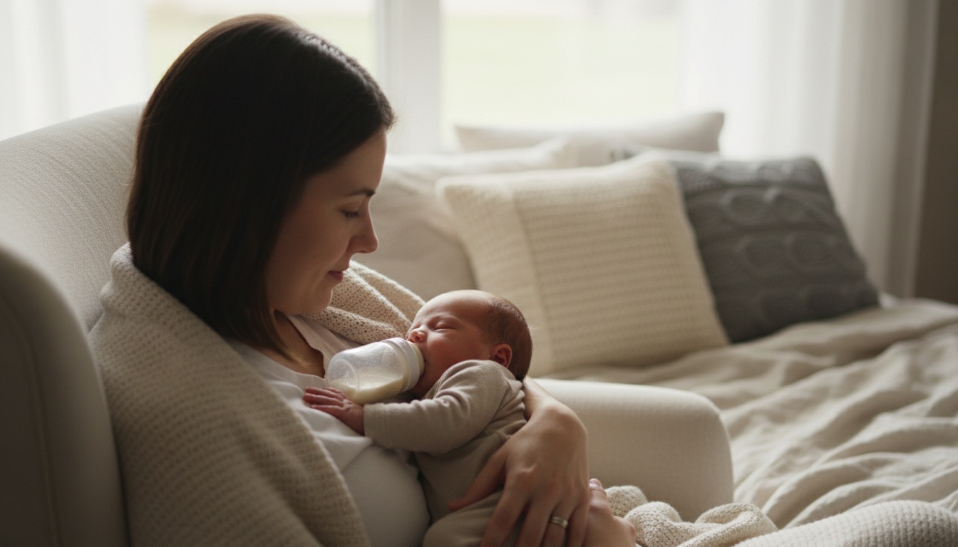Parent cradling a sleepy newborn during a calm early-morning feed, illustrating hunger cues and feeding routines that support baby's sleep.