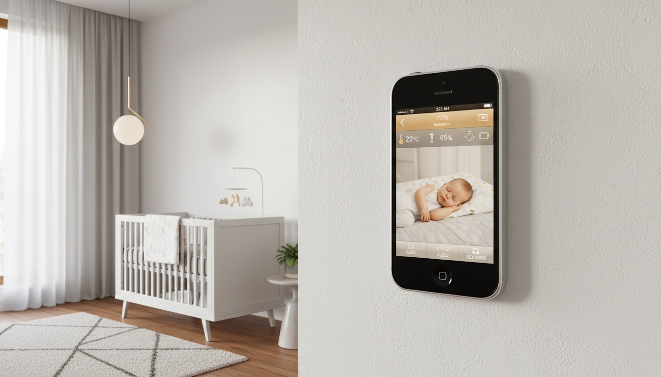 Old iPhone mounted in a nursery displaying a baby monitor app, positioned above a crib with soft lighting and modern decor.