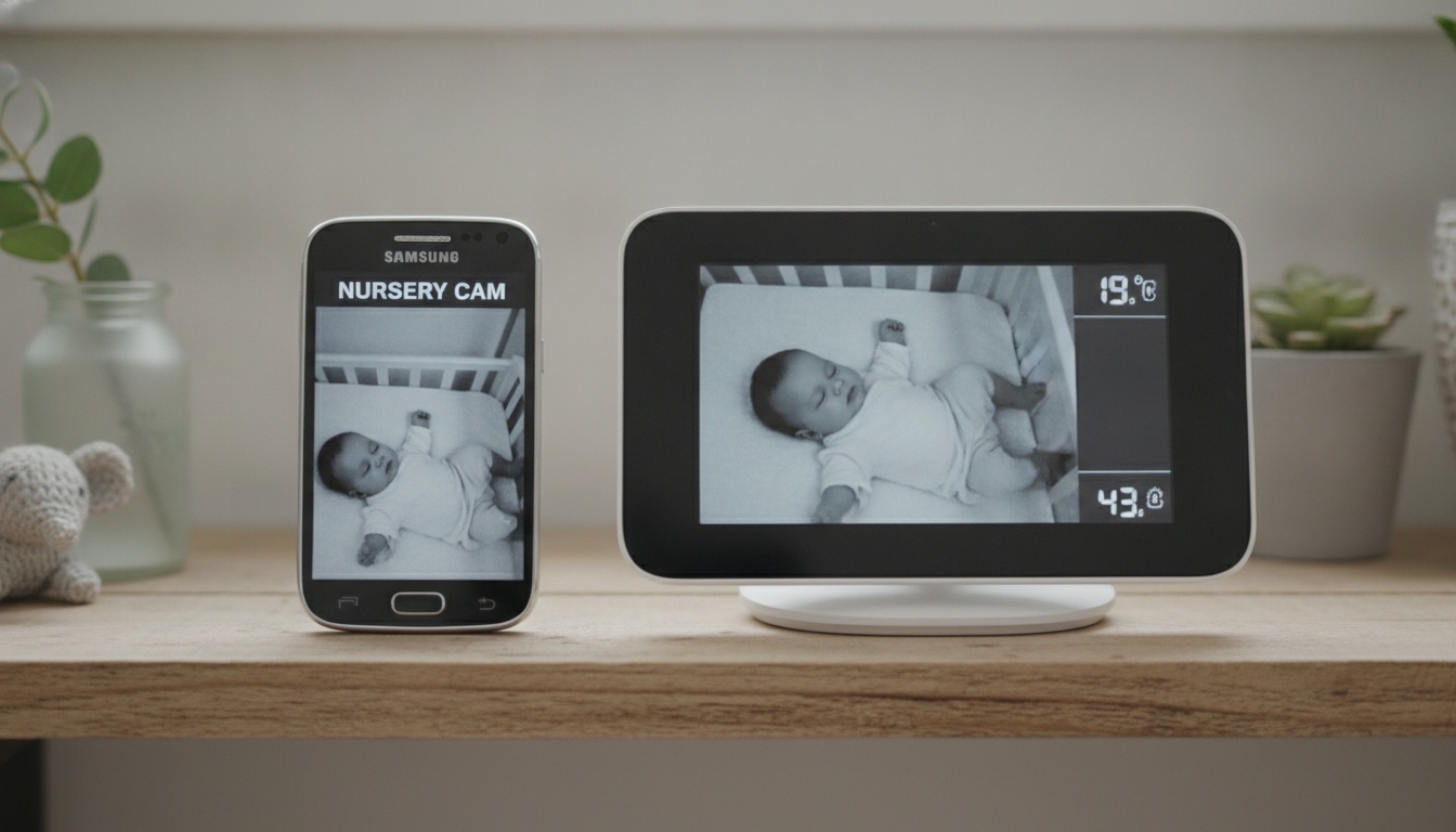 Old smartphone showing nursery camera feed positioned next to expensive commercial baby monitor, illustrating budget-friendly monitoring alternative.