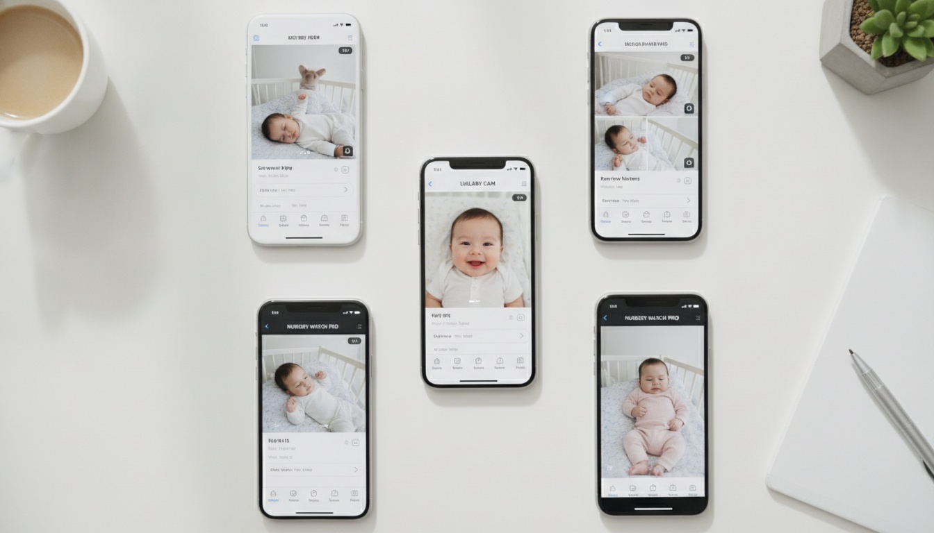 Multiple smartphones arranged on a desk displaying different baby monitor app interfaces in a clean, professional product photography setup.