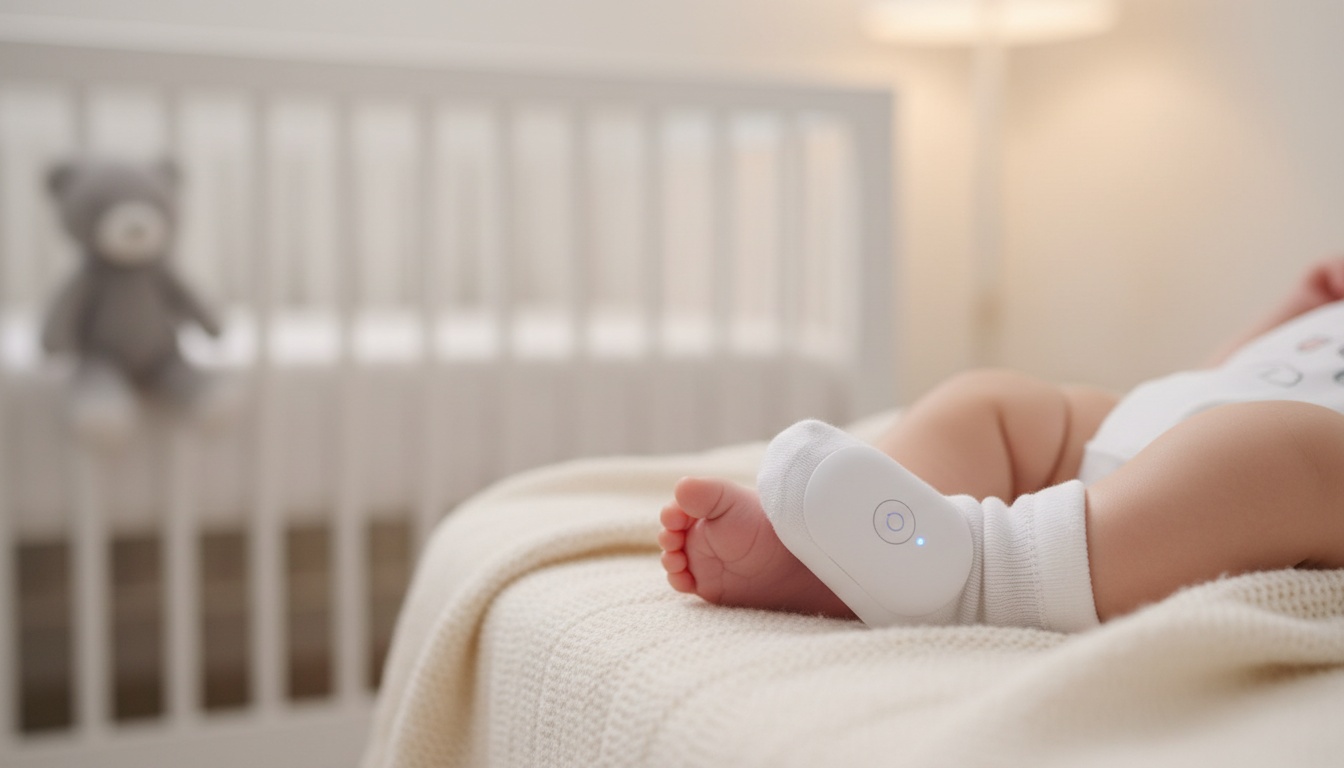 Close-up of a baby's small foot wearing a smart monitoring sock in a peaceful nursery setting with soft lighting.