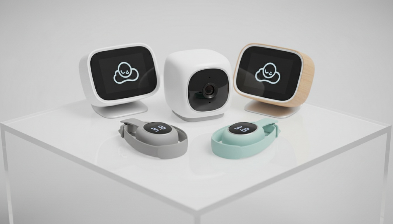 Array of baby monitoring devices including wearable clips and bedside monitors displayed on a white surface with professional lighting.