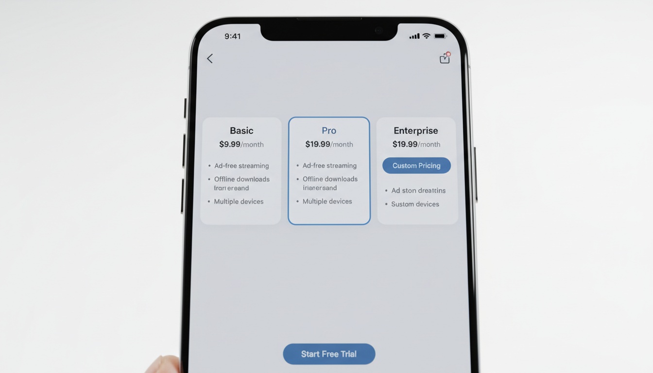 Smartphone screen showing subscription pricing options and plan selection interface with modern app design and clear typography.