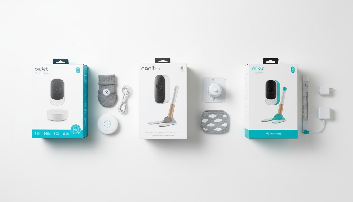 Three baby monitors displayed side-by-side on a white background, representing different product options for parents comparing smart monitoring devices.