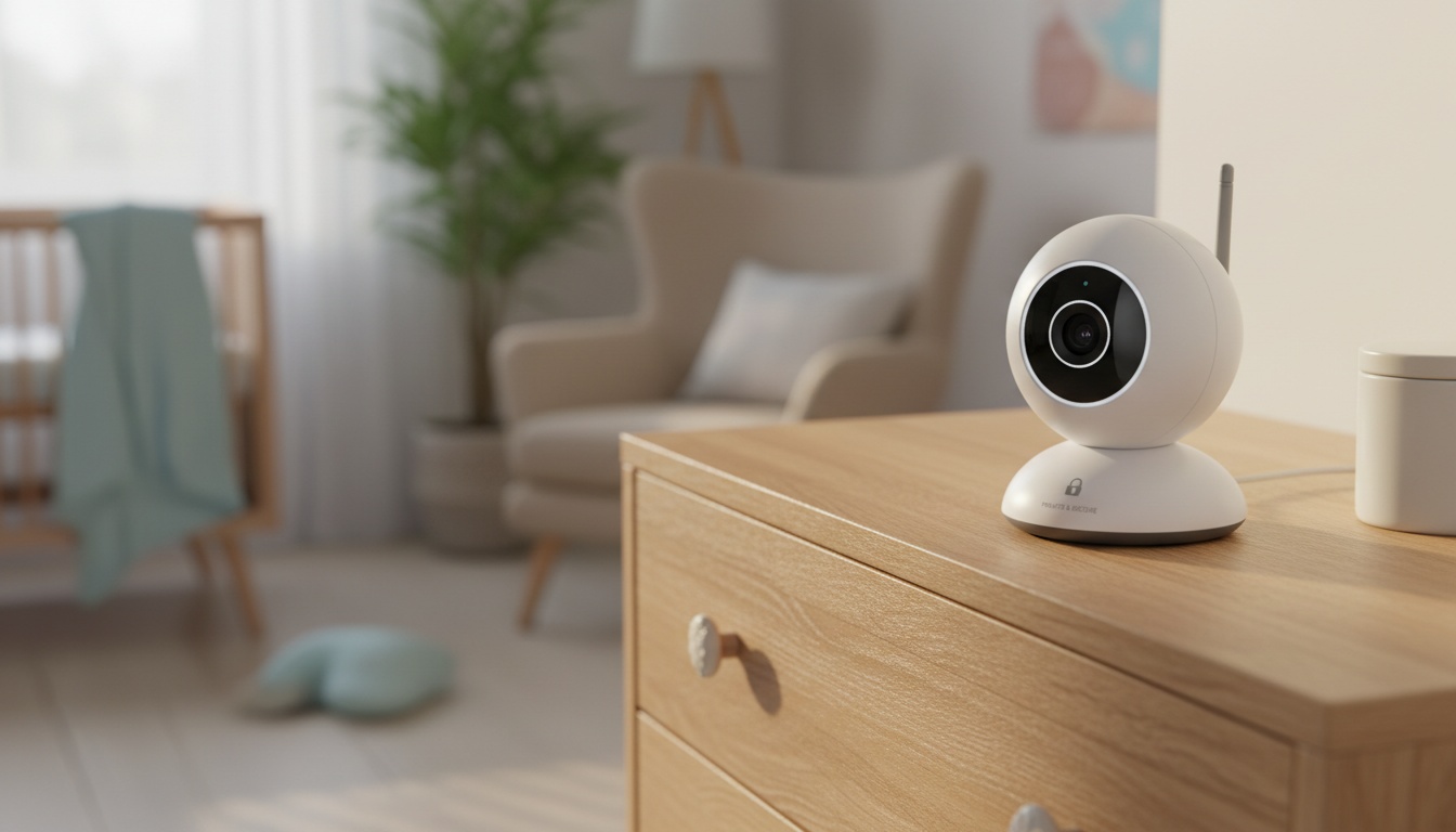 A sleek baby monitor sits on a nursery dresser in a softly lit home environment, symbolizing secure childcare technology and parental peace of mind.