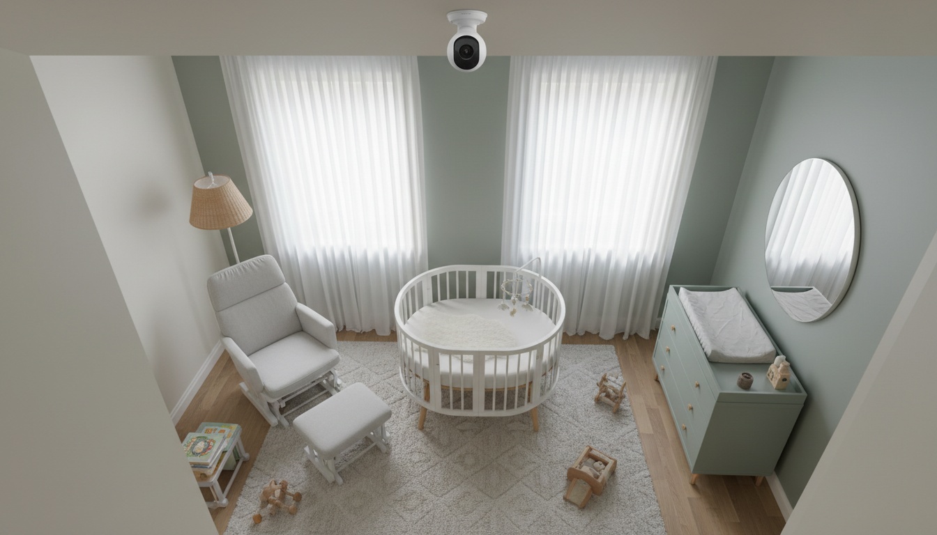 Overhead view of a nursery showing proper baby monitor camera placement mounted high in corner, positioned safely away from crib and natural light sources.