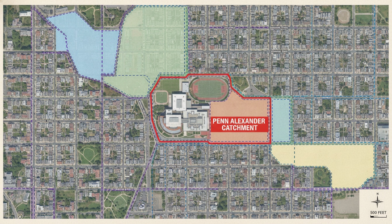 西费城鸟瞰地图,清晰显示Penn Alexander学校招生范围边界、住宅街道及学校校园地标。