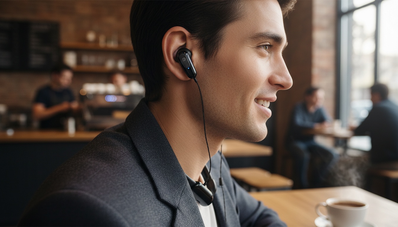 Gros plan d'écouteurs de traduction portés dans une oreille avec arrière-plan flou de café, montrant un scénario d'utilisation réelle