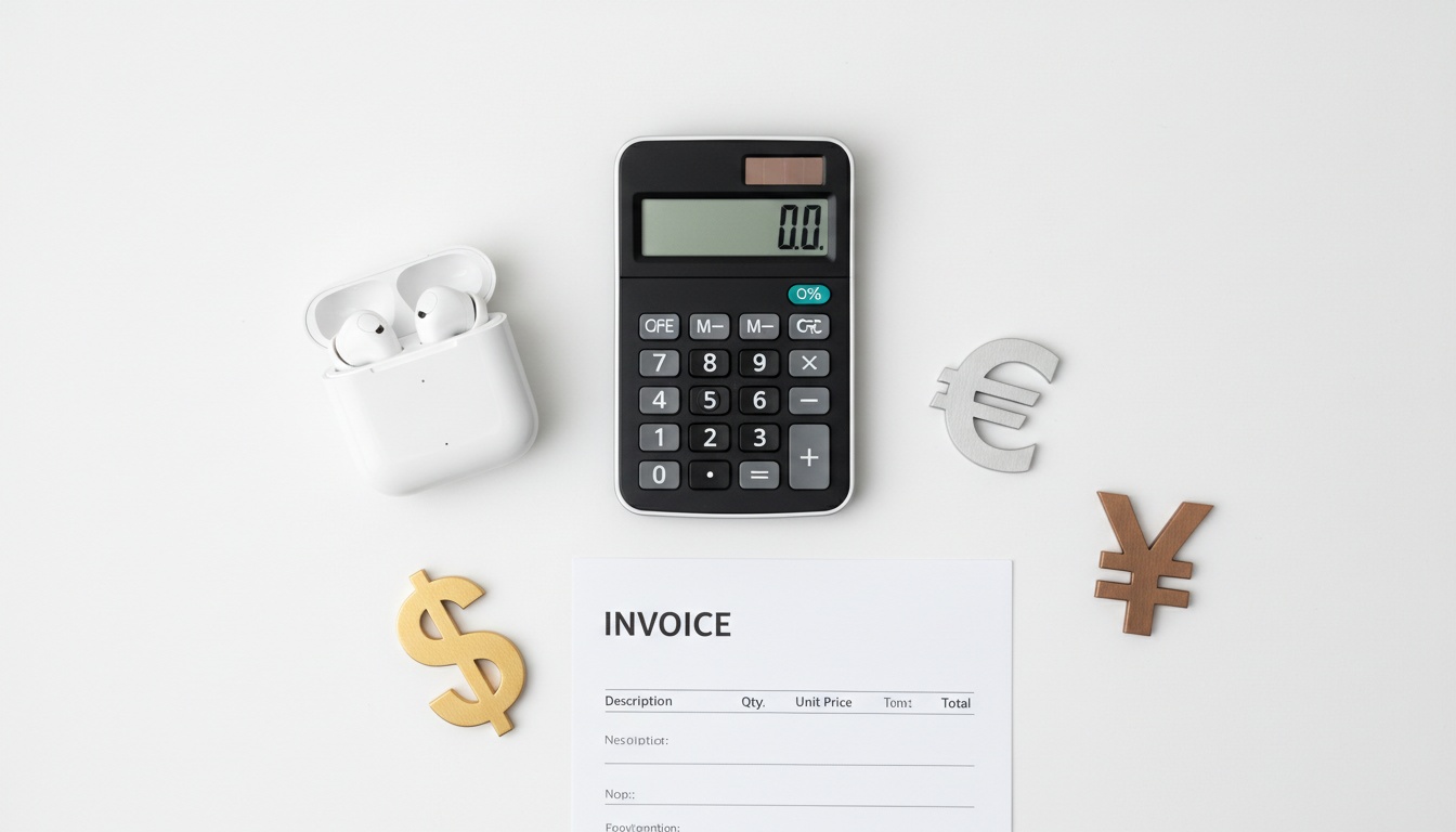 Écouteurs de traduction affichés avec documents financiers et calculatrice, représentant les coûts d'abonnement et l'analyse tarifaire pour les appareils de technologie de traduction