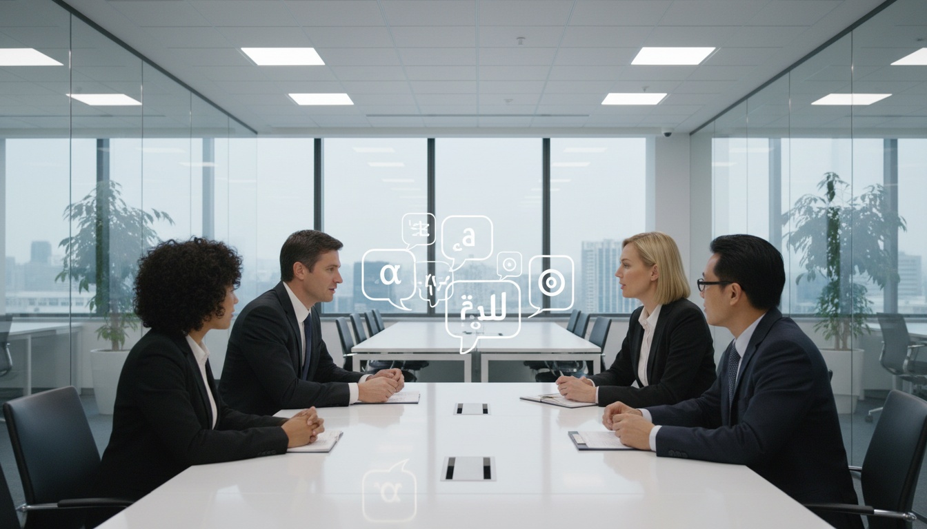 Diverse professionals in business meeting with floating language symbols representing real-time translation technology between speakers