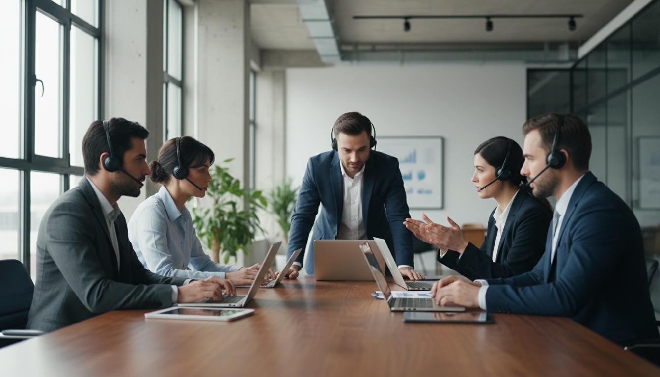 Diverse business professionals in a modern office meeting, wearing headsets and using laptops for multilingual communication and collaboration.