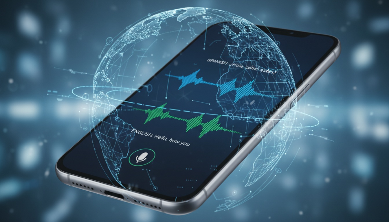 Smartphone screen showing real-time translation app with audio waveforms and global connectivity elements representing instant language conversion technology.