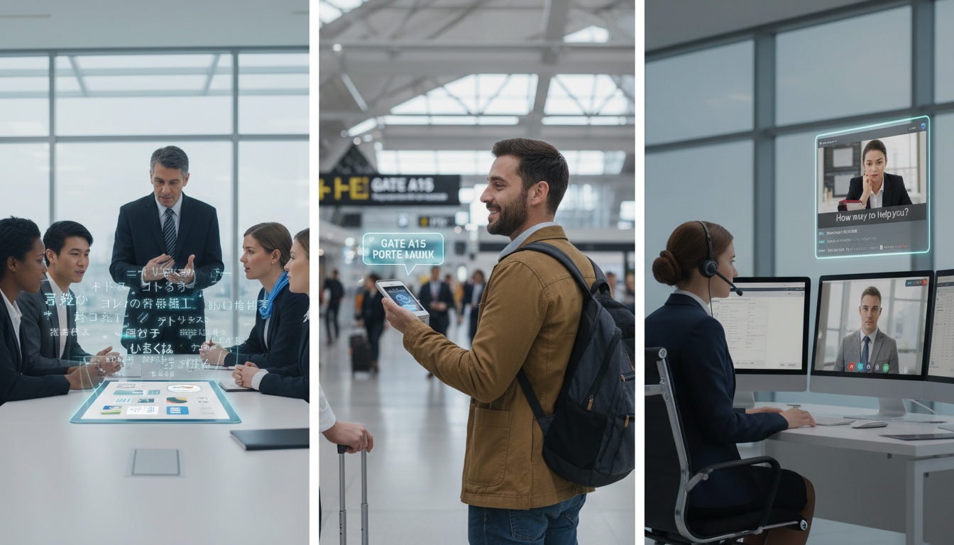 Split-screen image depicting three real-time translation use cases: business meeting, travel scenario, and customer service interaction in professional settings.