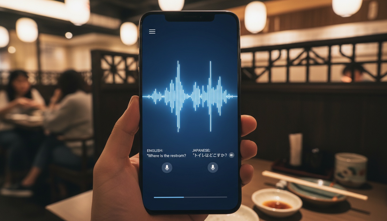 Arka planda bulanık Japon müşterilerin bulunduğu restoranda ses dalgaları gösteren sesli çeviri uygulaması açık akıllı telefon.