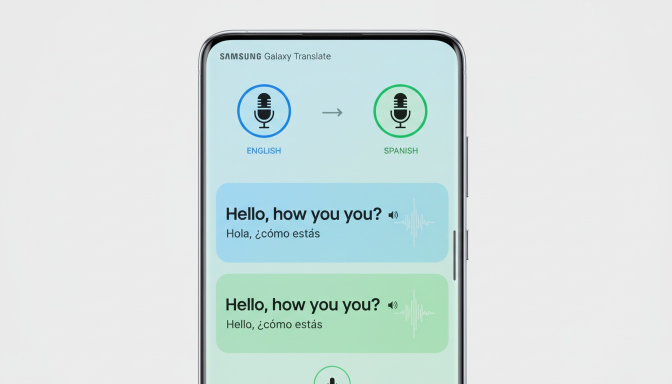Экран смартфона Samsung Galaxy с открытым приложением-переводчиком Galaxy: интерфейс перевода в реальном времени и кнопки голосового ввода.