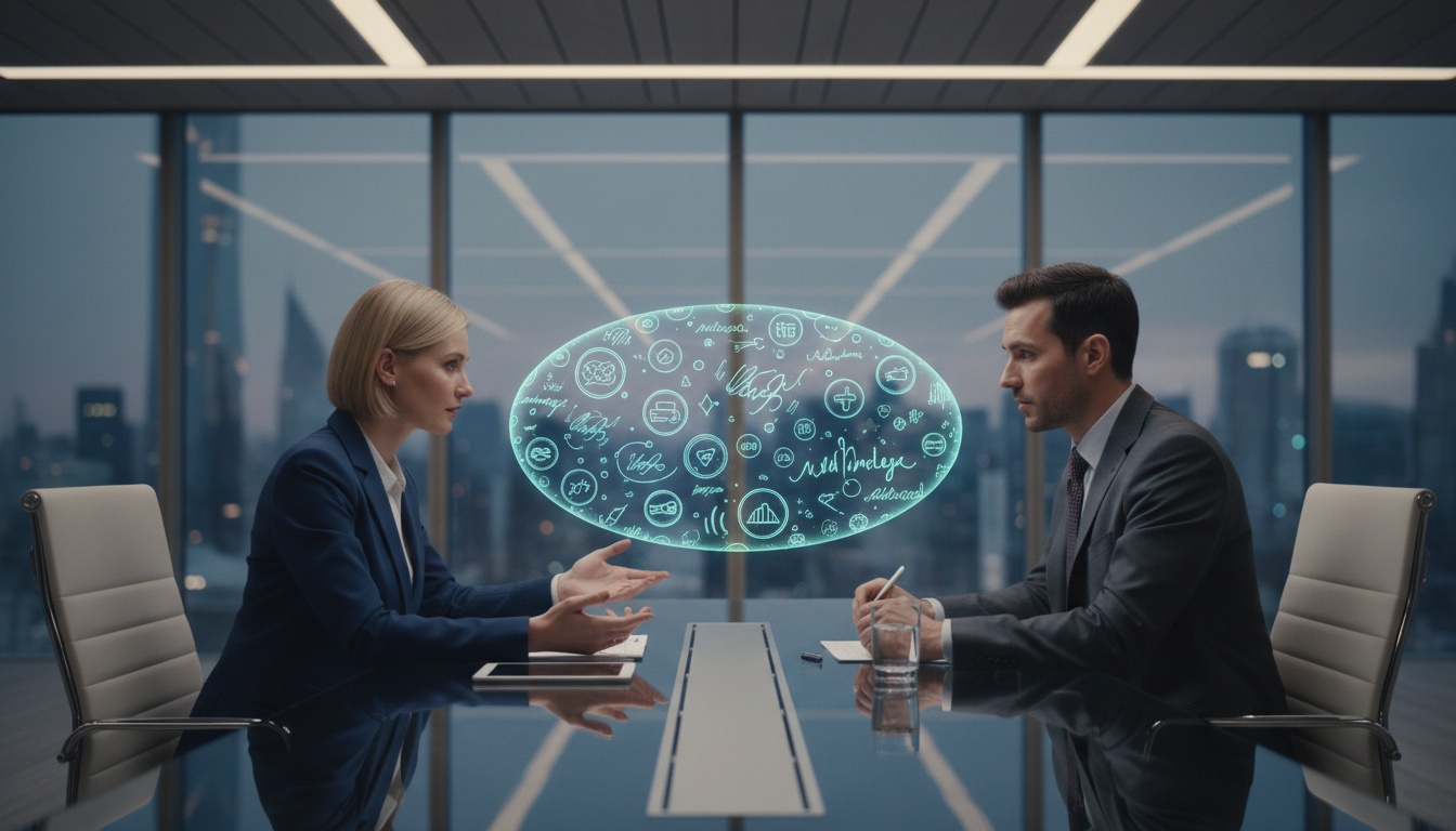 Deux professionnels conversant de part et d'autre d'une table avec des éléments de traduction flottants entre eux, représentant la technologie de traduction de conversation en temps réel