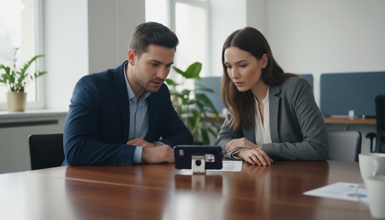 Deux professionnels positionnés de chaque côté d'un smartphone horizontal engagés dans une traduction de conversation en temps réel pendant une réunion d'affaires.