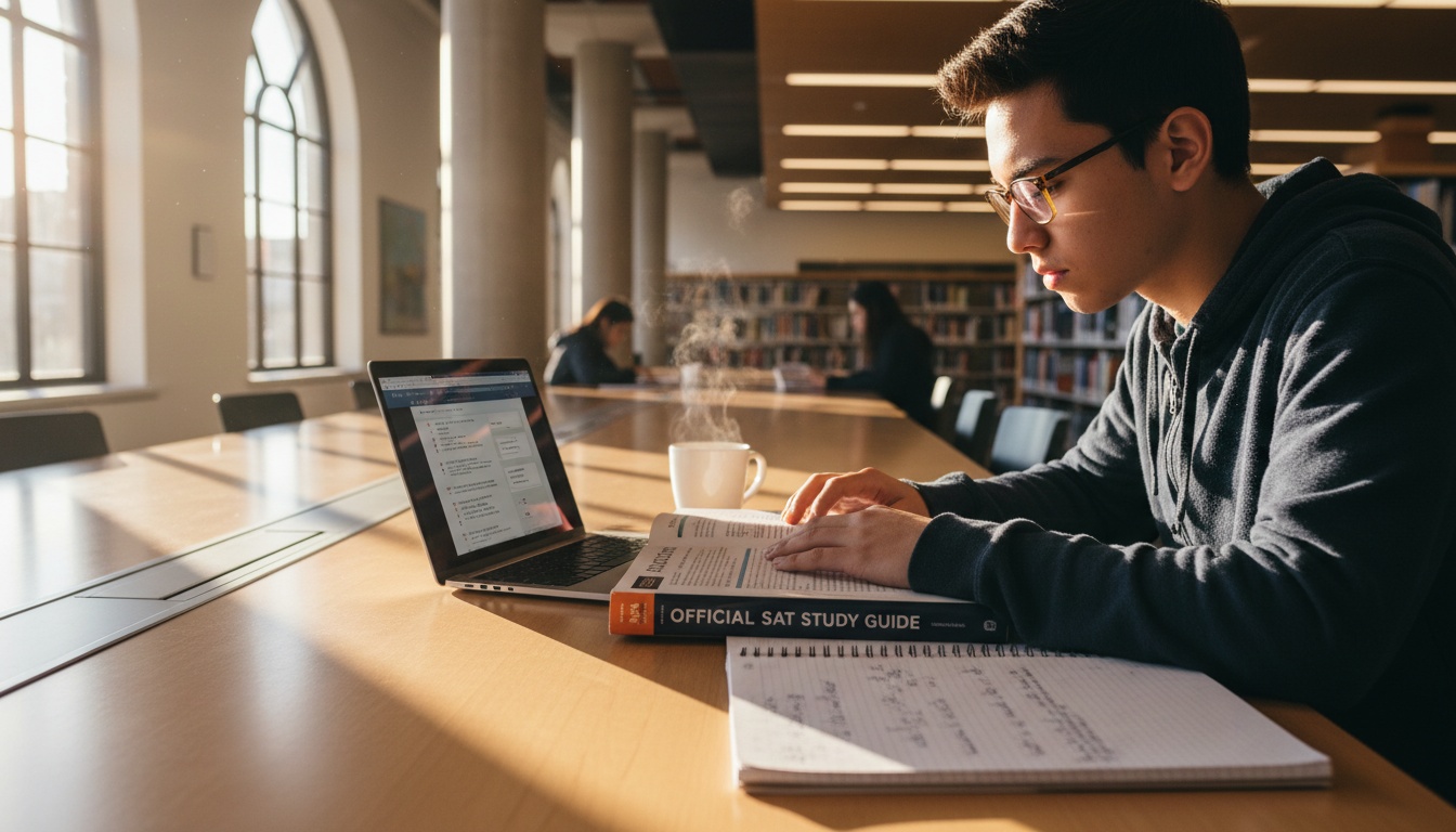 Student concentrating on SAT prep work at a library table with textbooks and laptop, natural warm lighting, authentic study environment.