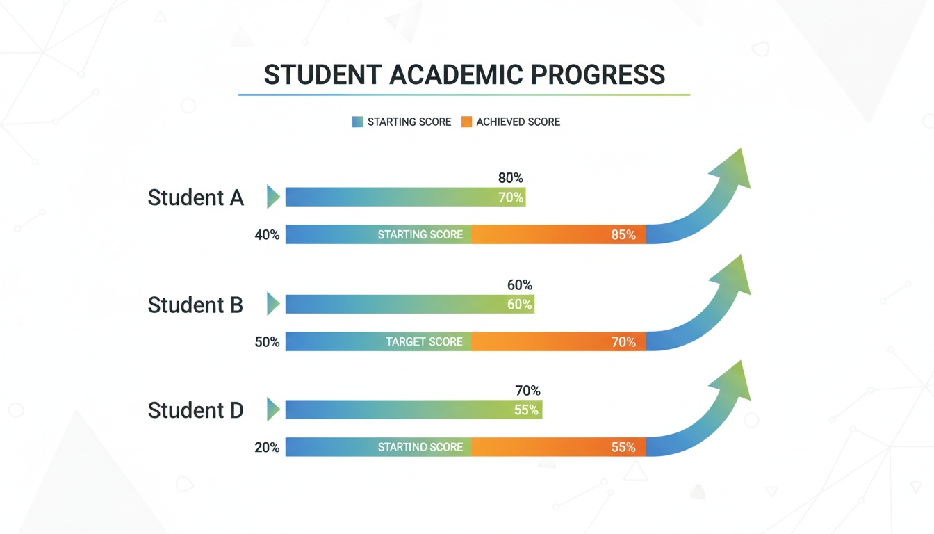 Four student SAT score improvement profiles displayed as color-coded bar charts showing starting scores, targets, and achieved results with upward progress indicators.