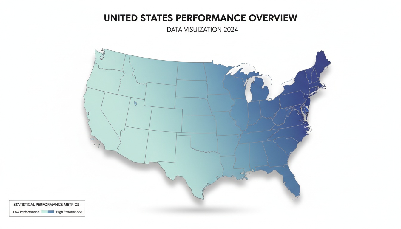 Gradient-colored US map showing state-level data distribution, with darker regions indicating higher values, professional cartographic visualization style.