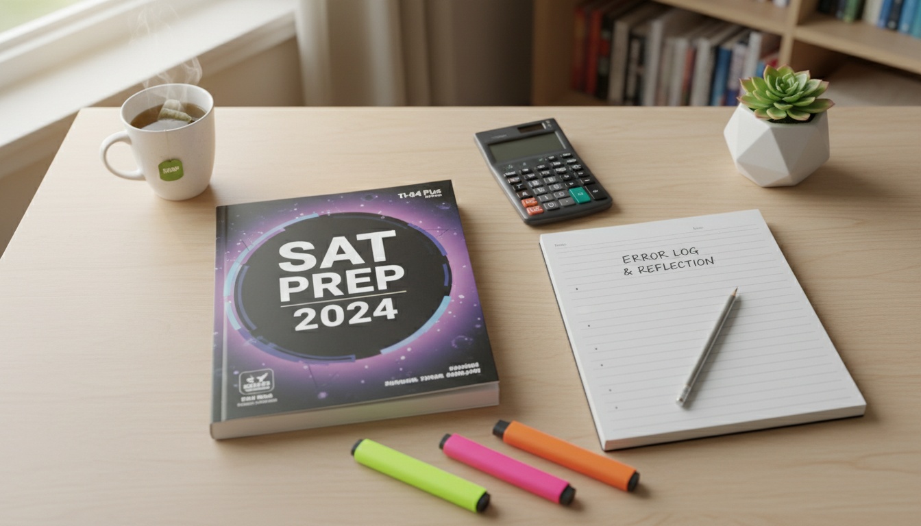 Organized study desk with SAT prep materials, error log notebook, and highlighters arranged in natural light, representing strategic test preparation.