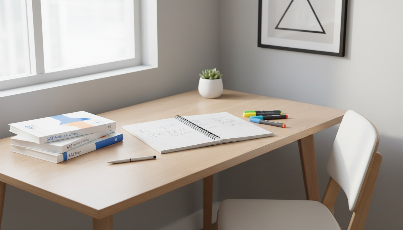 Organized study desk with notebook, highlighters, and SAT prep materials in natural lighting, representing focused academic preparation and structured learning.