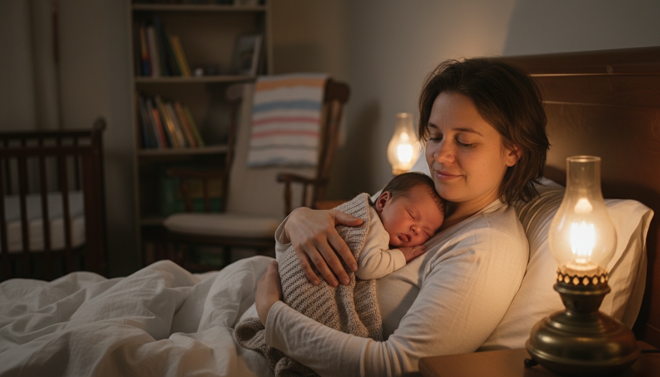 Exhausted parent cradling a drowsy 4-month-old infant in dim bedroom lighting, depicting the challenges of infant sleep regression.