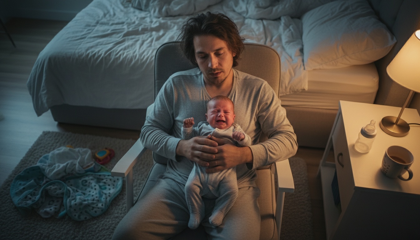 Tired parent cradling a fussy infant at night, illustrating the sleep disruption and emotional toll of the 4-month sleep regression period.