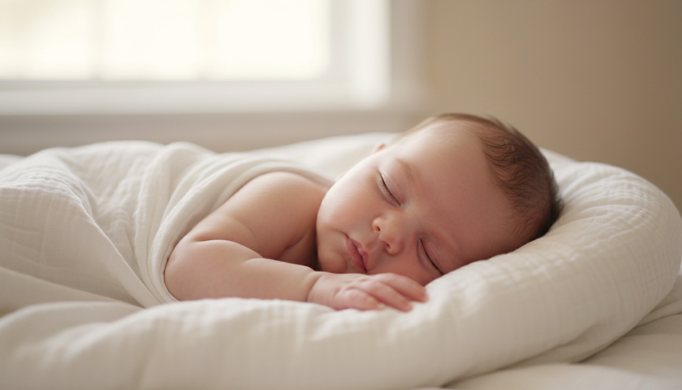 A peaceful baby sleeping independently in soft white bedding, demonstrating calm, restful sleep without parental intervention or soothing aids.